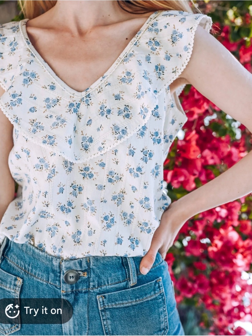 Sezane Women's Floral Lace-Trim Top — Cream with Blue Floral